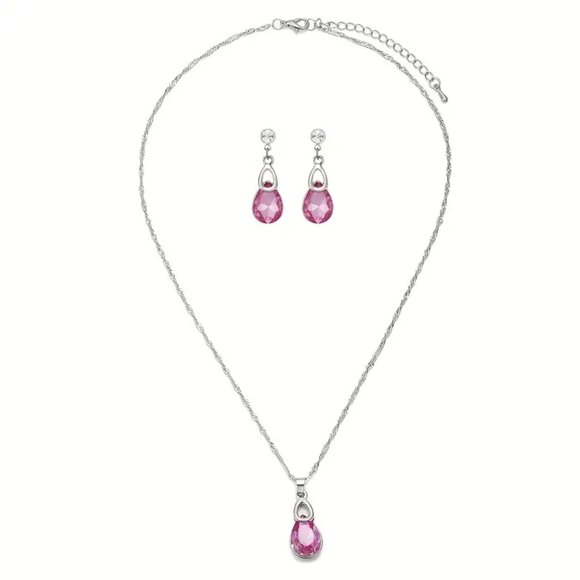 Rose Pink Teardrop Shape Crystal Earrings & Pendant Necklace Set Silver Plated - Picture 2 of 3